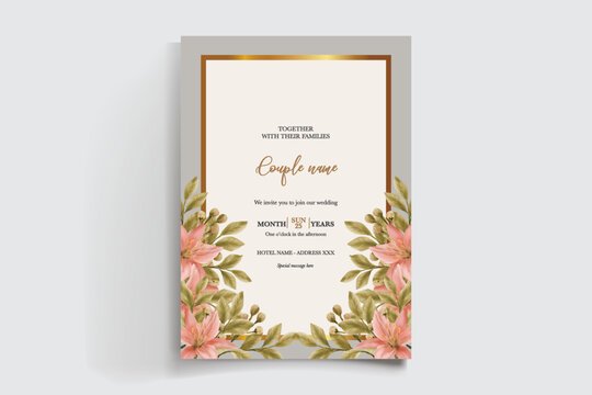 WEDDING INVITATION FRAME WITH FLOWER DECORATIONS AND FRESH LEAVES