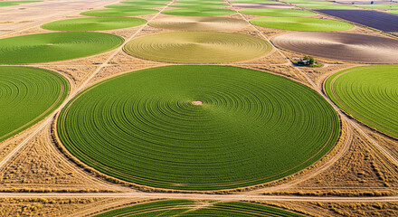 Poster - Aerial view of circular green fields, showcasing agricultural patterns and irrigation methods Symbolism of growth, nature, and human intervention in landscape