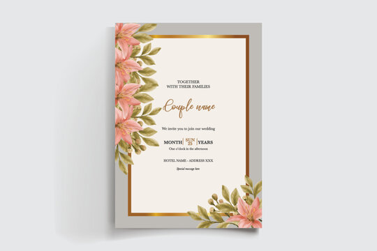 WEDDING INVITATION FRAME WITH FLOWER DECORATIONS AND FRESH LEAVES