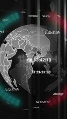 Poster - Animation of changing numbers over spinning globe and round scanner against computer server room