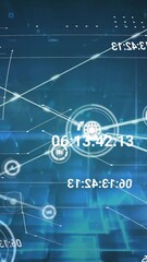 Poster - Animation of connected icons, changing numbers over lines forming globe against abstract background