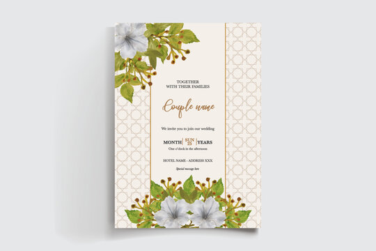 WEDDING INVITATION FRAME WITH FLOWER DECORATIONS AND FRESH LEAVES