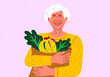 © Westend61 - Illustration of a senior woman holding a bag of groceries with fruits and vegetables, smiling and happy