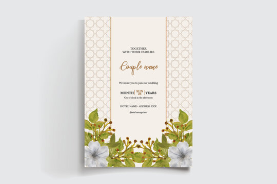 WEDDING INVITATION FRAME WITH FLOWER DECORATIONS AND FRESH LEAVES