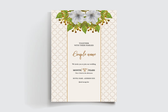 WEDDING INVITATION FRAME WITH FLOWER DECORATIONS AND FRESH LEAVES