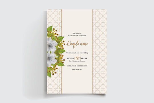 WEDDING INVITATION FRAME WITH FLOWER DECORATIONS AND FRESH LEAVES