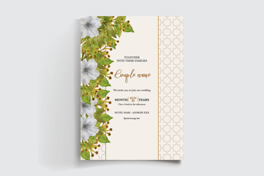 WEDDING INVITATION FRAME WITH FLOWER DECORATIONS AND FRESH LEAVES