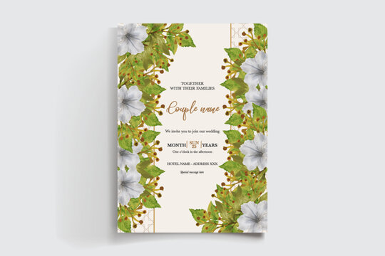 WEDDING INVITATION FRAME WITH FLOWER DECORATIONS AND FRESH LEAVES
