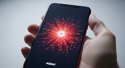 Poster - Artificial intelligence agent on a smartphone display illuminated in red color held by a hand