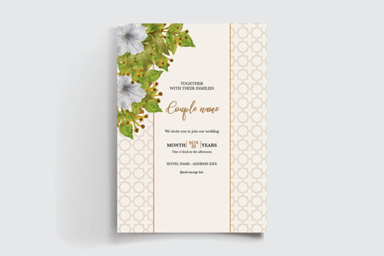 WEDDING INVITATION FRAME WITH FLOWER DECORATIONS AND FRESH LEAVES