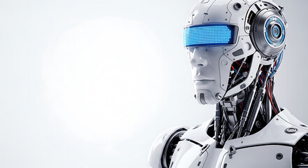 Poster - Futuristic artificial intelligence portrait of a humanoid robot head in white and blue tones