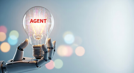 Poster - Futuristic robotic hand holding lightbulb with the word agent representing artificial intelligence