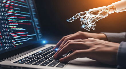 Poster - Human hands typing on a laptop with an illuminated robot hand representing artificial intelligence.
