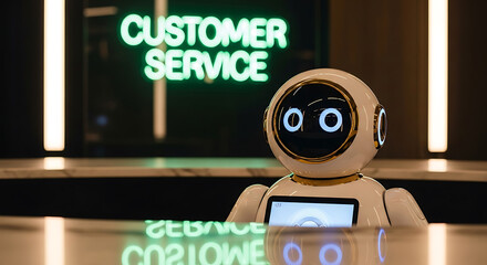 Poster - Modern customer service robot in a futuristic setting offering help to customers