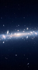 Poster - Dark blue space scene, featuring a bright, galactic center, surrounded by numerous stars and galaxies, creating a vast and awe-inspiring cosmic landscape