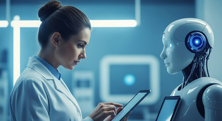 Poster - Scientist collaborating with artificial intelligence discussing research on a digital tablet