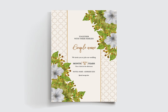 WEDDING INVITATION FRAME WITH FLOWER DECORATIONS AND FRESH LEAVES