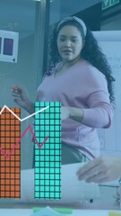 Poster - Animation of statistical data processing against diverse colleagues discussing together at office