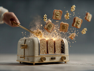 Poster - 3D whimsical scene with a toaster acting as a slot machine, emitting light and dispensing objects resembling currency and bread Objects float in a circular pattern around the toaster - AI-Generated