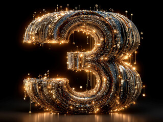 Poster - Golden, glossy 3D number 3 on black background, surrounded by glowing, orbiting golden stars, digital art style - AI-Generated