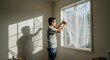 © Ольга Бошарова - Man hanging mosquito net on window, focused attention, warm natural light