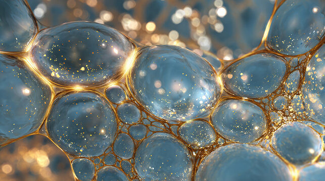 Golden bubble and transparent skin cell background, 3d rendering. 