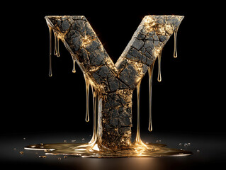 Poster - Central, 3D gold V letter with cracks, leaking golden fluid, contrasting dark background - AI-Generated