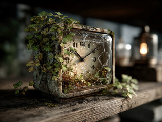 Poster - Detailed, 3D alarm clock with cracked glass, growing vines, decayed wood shelf, indoor setting with diffused light, moss, leaves, rustic atmosphere, realistic style - AI-Generated