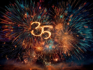 Poster - Fireworks display with number 35 illuminated, diverse colors and sizes, vibrant night scene, black sky, large bold numerals, spiral and curved bursts, trailing streamers - AI-Generated