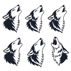 Fototapete - Set of six wolf head icons in silhouette style isolated on white background