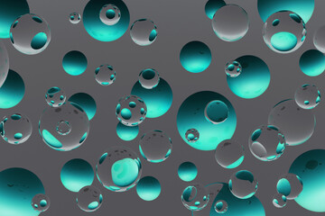 Poster - Floating transparent glass and vibrant aqua green spheres on gray abstract background. 3D rendering. Abstract pattern, texture perfect for modern tech designs, digital art, or futuristic wallpapers.