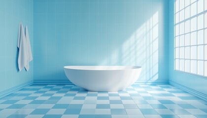 Poster - Ceramic Blue Light Mosaic Tiles In Bathroom With Geometric Grid Pattern And Clean Abstract Surface For Pool Decoration