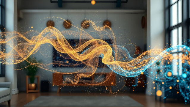 A modern living space is filled with golden and blue light streaks, creating an immersive experience with a futuristic, tech feel in a beautifully designed home interior.