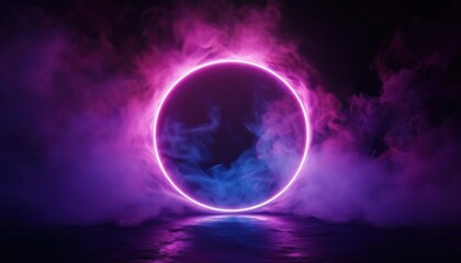 Poster - Neon Geometric Circle On A Dark, Round Mystical Portal: A Vision Of The Futuristic Smoke And Illumination From Beyond