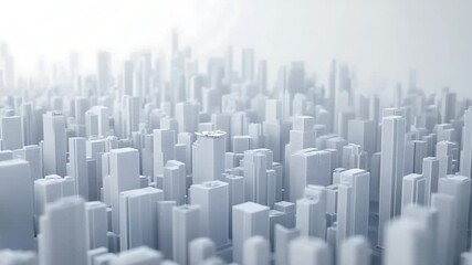 Aerial view of a futuristic cityscape with white skyscrapers and a soft, foggy background