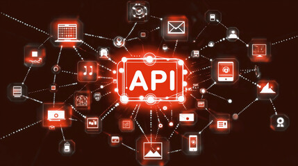 Fototapete - Glowing red API representing coding structure