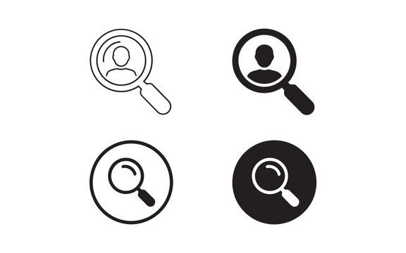 Vector art of magnifying glass with person inside outline and solid vector icons