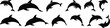 © Silhouette designer - A large collection of twelve dynamic dolphin silhouette vector icons showing the marine animal jumping and swimming in the ocean.