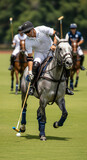 A player on horseback hits a ball with a club, the rider is dressed in a polo suit - playing polo