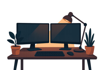 Poster - Modern office setup with dual monitors in simple illustration for design and decor