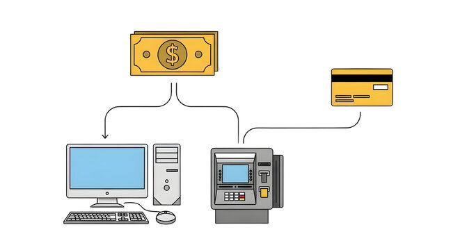 Digital banking transaction concept with computer, ATM, credit card, and dollar banknote on transparent background.