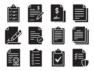 Poster - Document management and paperwork glyph icon set for file and report organization showing clipboard folder and other symbols for office administration