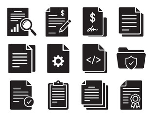 Poster - Documents and files solid glyph icon set for paperwork and report showing various designs for data storage contract and certificate vector symbols