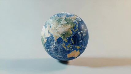 Poster - 3D rendered Earth globe model floating against a white background highlighting continents and oceans with pixelated texture creating a digital design of the planet with shadows