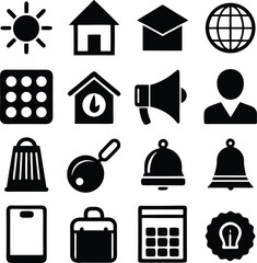 Poster - Collection of diverse black and white vector icons representing common concepts like weather home communication and business activities