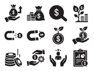 Poster - Investment and wealth management solid icon set for financial planning showing money bag dollar sign and other symbols for savings and asset growth