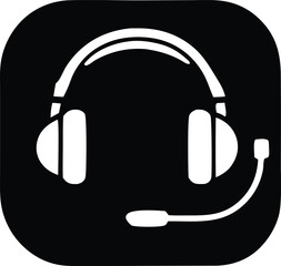 Poster - Simple white headset icon with a microphone on a black rounded square background representing communication and audio technology