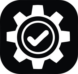 Poster - A white gear symbol with a checkmark inside a circle on a black rounded square background representing success and completion