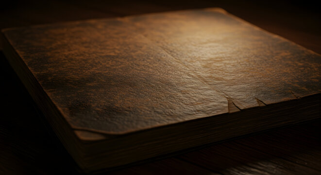 Old Leather-Bound Book with a Crack, An Antique Leather Journal with aged Texture and Thick Pages on a Wooden Surface