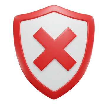 3d red shield icon with cross mark isolated on white background